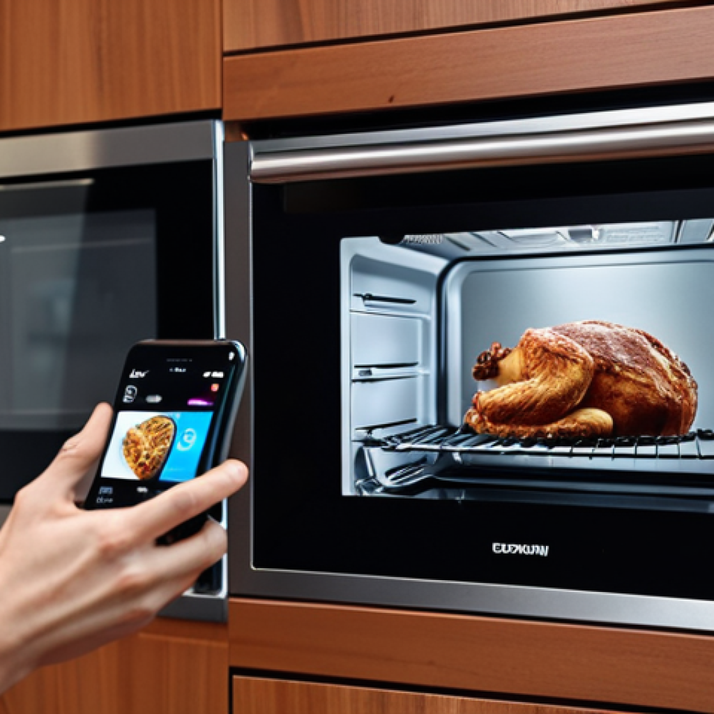 ** A modern, organized kitchen featuring a smart oven with a digital display and a person interacting with it using a smartphone. Focus on the sleek design and ease of use.

**