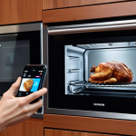 ** A modern, organized kitchen featuring a smart oven with a digital display and a person interacting with it using a smartphone. Focus on the sleek design and ease of use.

**
