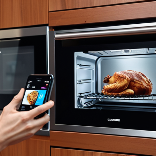 Home 15 ** A modern, organized kitchen featuring a smart oven with a digital display and a person interacting with it using a smartphone. Focus on the sleek design and ease of use.
**