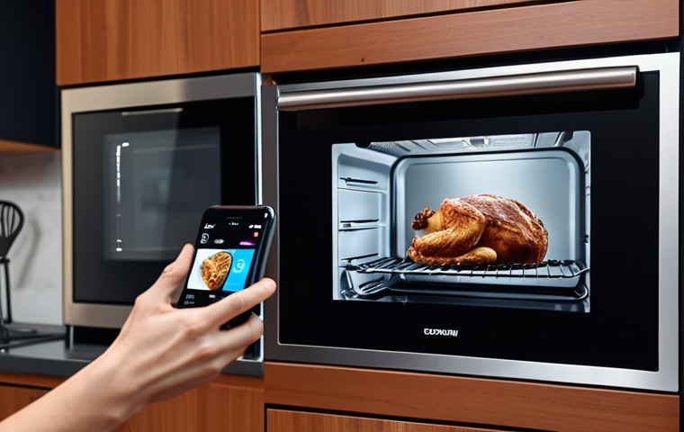 ** A modern, organized kitchen featuring a smart oven with a digital display and a person interacting with it using a smartphone. Focus on the sleek design and ease of use.

**
