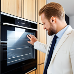 A professional individual, appearing to be in their 30s-40s, with a Swedish aesthetic, wearing a modest business suit, gently touching a touchscreen interface on a smart oven in a bright, modern Swedish kitchen. The kitchen features clean lines, light wooden elements, and integrated high-tech appliances. Subtle digital displays glow on the smart devices, conveying efficiency and connectivity. The lighting is soft and natural, creating a welcoming and productive atmosphere. Perfect anatomy, correct proportions, natural pose, well-formed hands, proper finger count, natural body proportions, high-quality photograph, safe for work, appropriate content, fully clothed, professional dress.