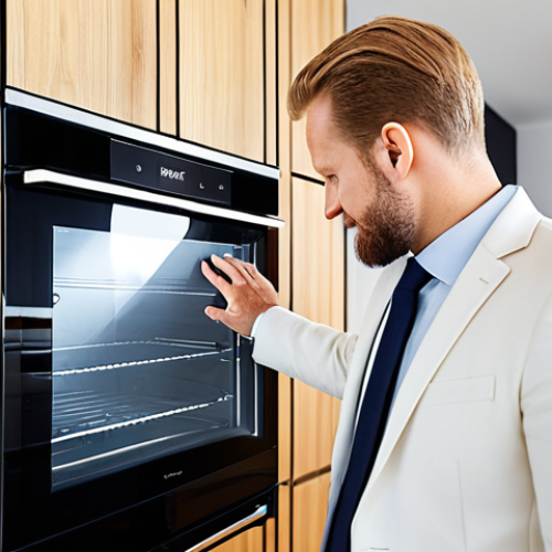A professional individual, appearing to be in their 30s-40s, with a Swedish aesthetic, wearing a modest business suit, gently touching a touchscreen interface on a smart oven in a bright, modern Swedish kitchen. The kitchen features clean lines, light wooden elements, and integrated high-tech appliances. Subtle digital displays glow on the smart devices, conveying efficiency and connectivity. The lighting is soft and natural, creating a welcoming and productive atmosphere. Perfect anatomy, correct proportions, natural pose, well-formed hands, proper finger count, natural body proportions, high-quality photograph, safe for work, appropriate content, fully clothed, professional dress.
