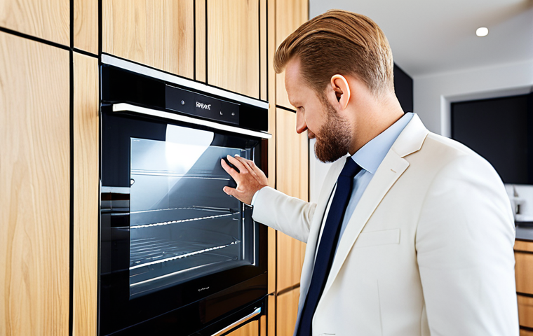 A professional individual, appearing to be in their 30s-40s, with a Swedish aesthetic, wearing a modest business suit, gently touching a touchscreen interface on a smart oven in a bright, modern Swedish kitchen. The kitchen features clean lines, light wooden elements, and integrated high-tech appliances. Subtle digital displays glow on the smart devices, conveying efficiency and connectivity. The lighting is soft and natural, creating a welcoming and productive atmosphere. Perfect anatomy, correct proportions, natural pose, well-formed hands, proper finger count, natural body proportions, high-quality photograph, safe for work, appropriate content, fully clothed, professional dress.