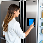 A female professional in modest, contemporary everyday attire stands in a bright, minimalist kitchen. She is interacting with the touchscreen display of a sleek, smart refrigerator, which shows a personalized recipe recommendation based on scanned ingredients. The kitchen is impeccably clean and organized, with natural light streaming in. The scene emphasizes modern living and convenience. fully clothed, appropriate attire, safe for work, perfect anatomy, correct proportions, natural pose, well-formed hands, proper finger count, natural body proportions, professional photography, high quality, family-friendly, appropriate content.