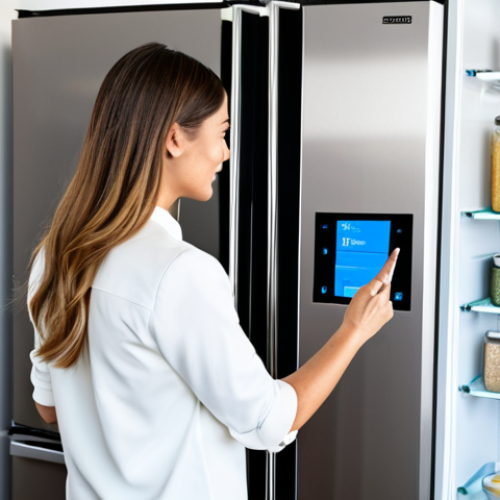 Home 7 A female professional in modest, contemporary everyday attire stands in a bright, minimalist kitchen. She is interacting with the touchscreen display of a sleek, smart refrigerator, which shows a personalized recipe recommendation based on scanned ingredients. The kitchen is impeccably clean and organized, with natural light streaming in. The scene emphasizes modern living and convenience. fully clothed, appropriate attire, safe for work, perfect anatomy, correct proportions, natural pose, well-formed hands, proper finger count, natural body proportions, professional photography, high quality, family-friendly, appropriate content.
