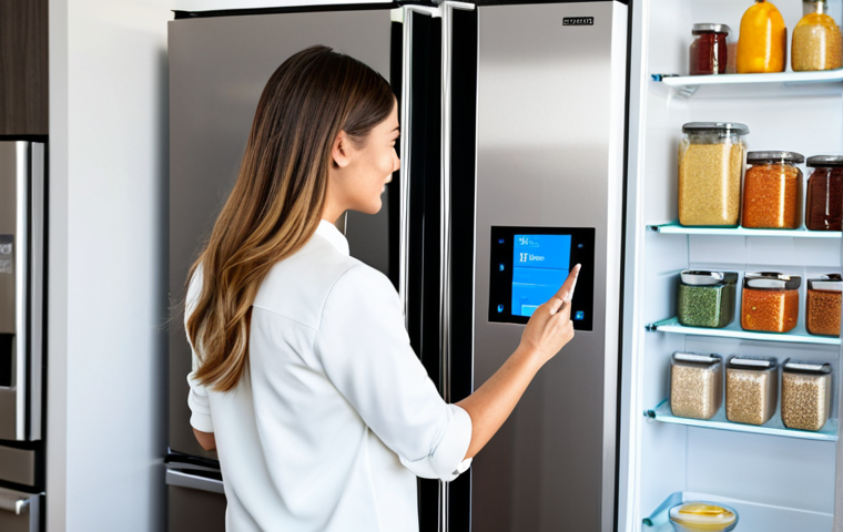 A female professional in modest, contemporary everyday attire stands in a bright, minimalist kitchen. She is interacting with the touchscreen display of a sleek, smart refrigerator, which shows a personalized recipe recommendation based on scanned ingredients. The kitchen is impeccably clean and organized, with natural light streaming in. The scene emphasizes modern living and convenience. fully clothed, appropriate attire, safe for work, perfect anatomy, correct proportions, natural pose, well-formed hands, proper finger count, natural body proportions, professional photography, high quality, family-friendly, appropriate content.